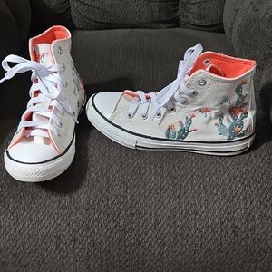 Converse White High-Top Sneakers with Coral Trim and Cactus Motif